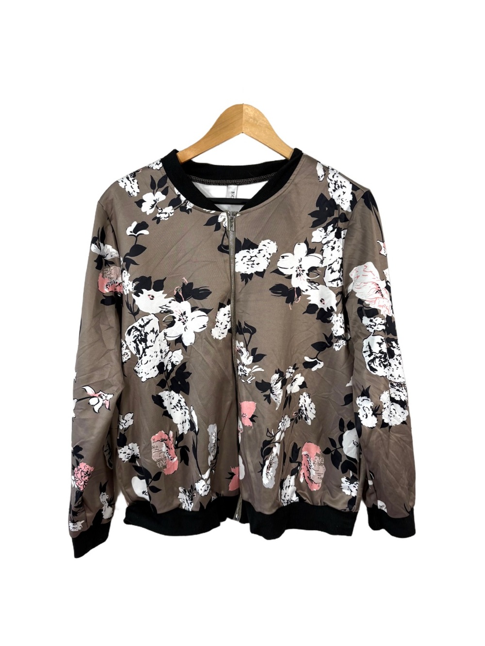 ECOWISH Floral Bomber Jacket Women’s XL Taupe Pink Black Zip Up Lightweight